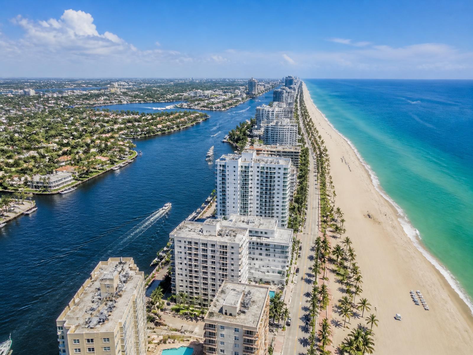 Aerial view of the Fort Lauderdale coastline and Intracoastal Waterway in Broward County, Florida