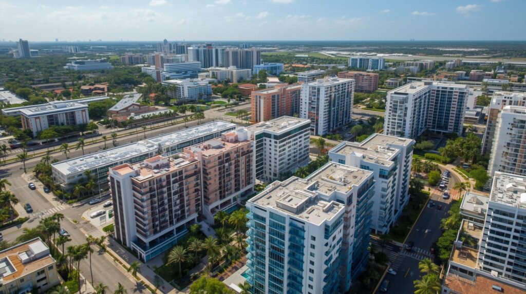 aerial view of modern condo buildings in South Florida showcasing well-maintained residential communities and urban landscape