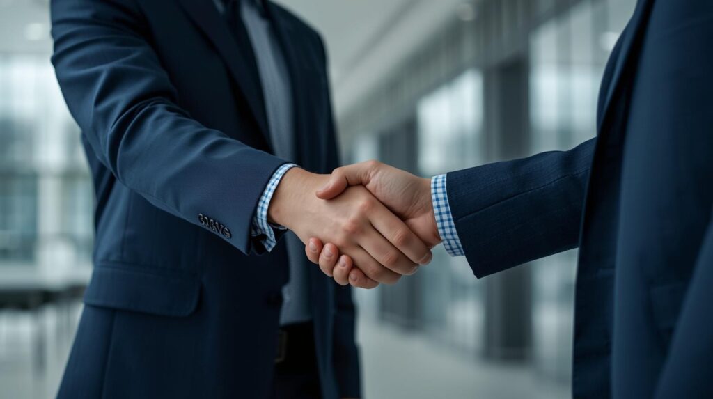 business professionals shaking hands after successful building inspection and engineering services completion