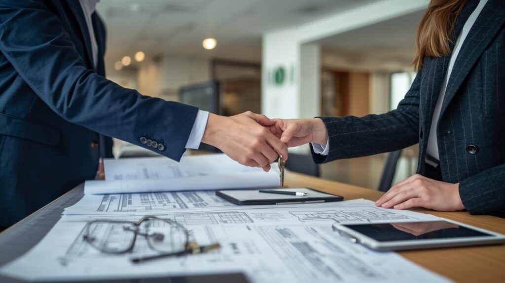 property manager handing over keys after building inspection and turnover services completion