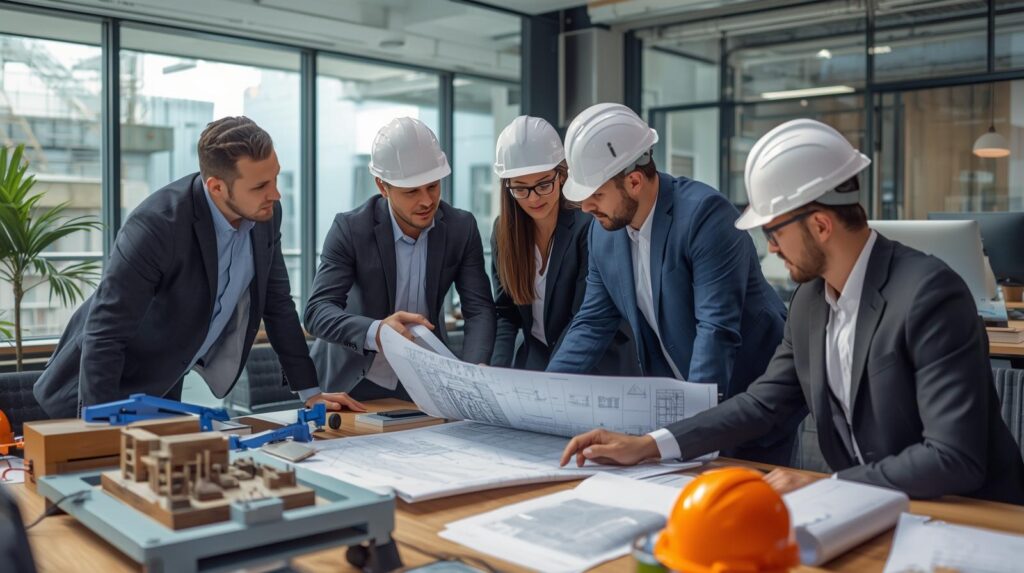 team of engineers reviewing building plans at a modern condo for inspection and structural assessment