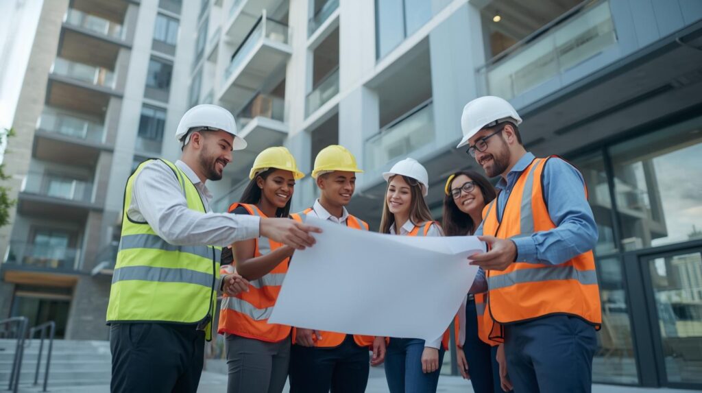 team of engineers reviewing building plans in front of a modern condo building during inspection and project planning