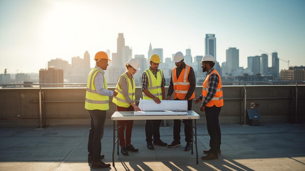 Structural engineers reviewing building plans on rooftop during inspection and recertification process