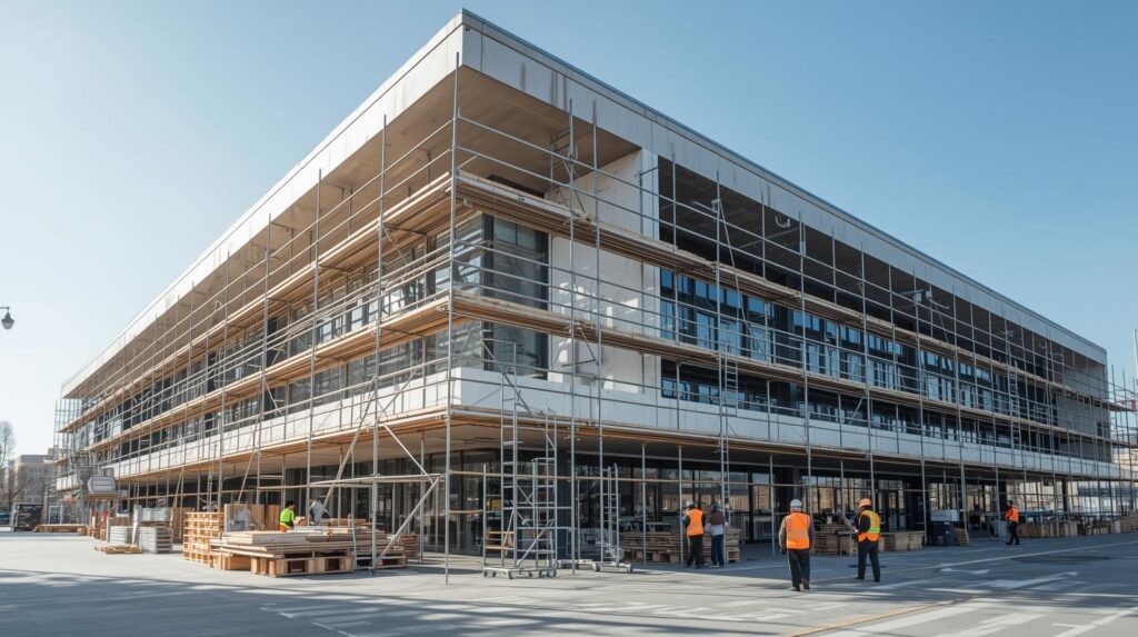modern commercial building under repair with scaffolding for restoration engineering and structural inspection services