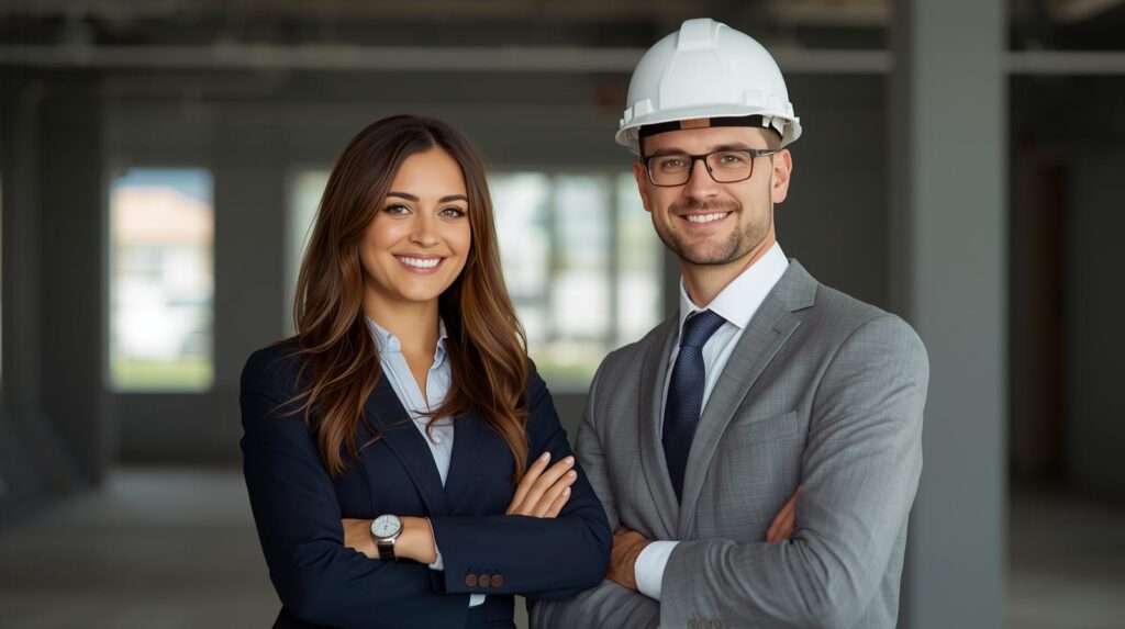 Structural engineer and project manager team ready for building inspection and restoration services