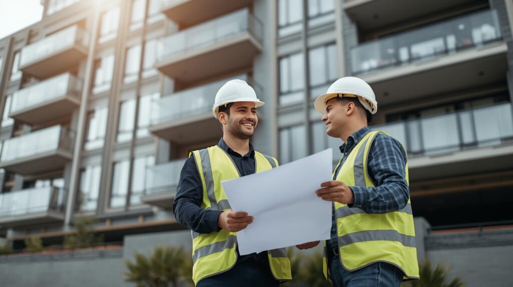 building engineers reviewing structural plans for commercial property inspection and restoration project